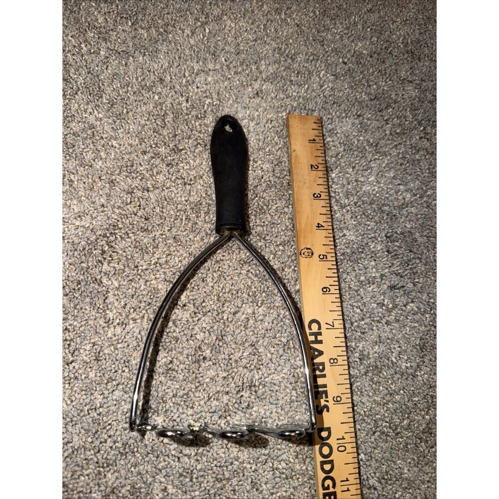 Vtg?  Hand Potato Masher Stainless Steel Black RubberyHandle 9.5” Heavy Duty